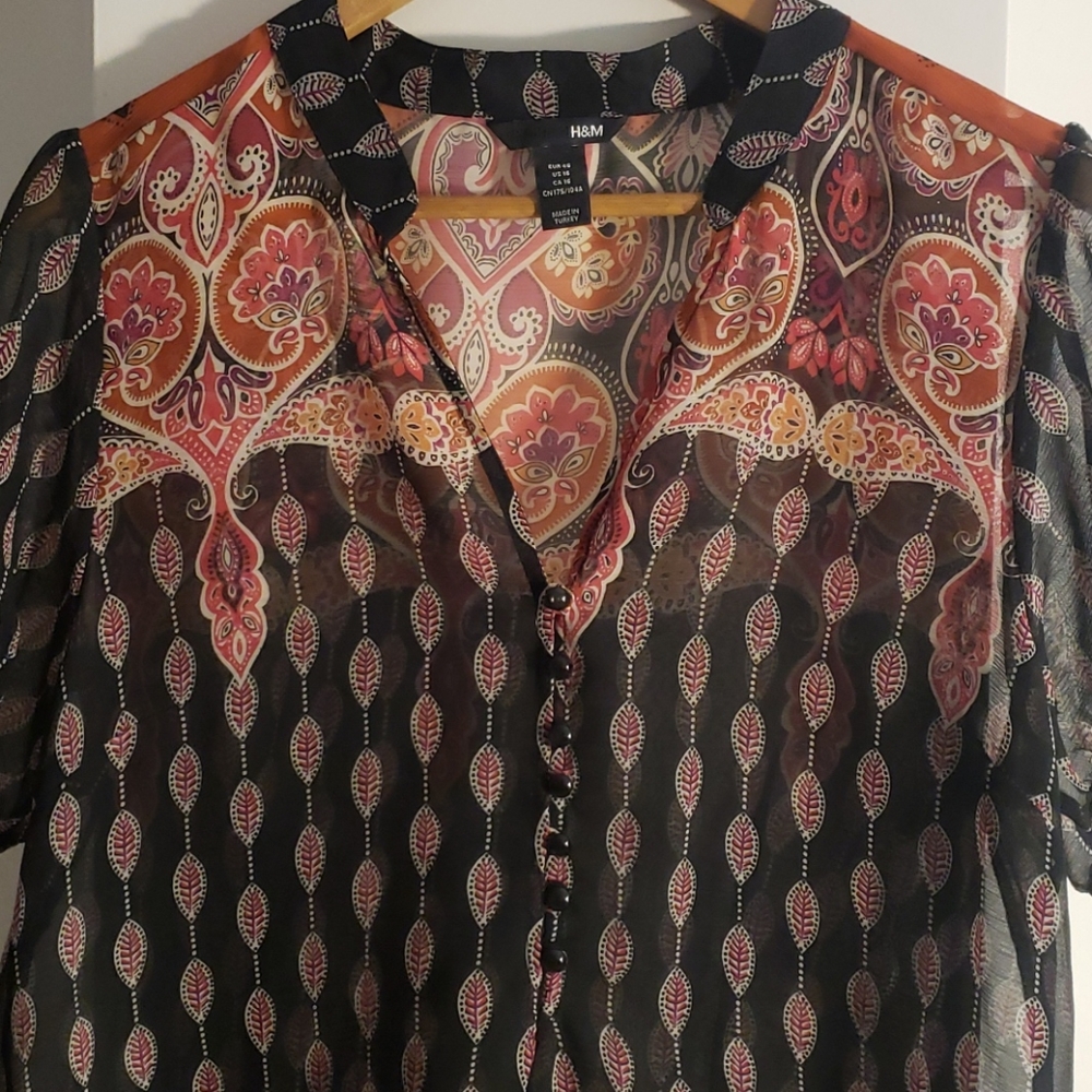 H&M Sheer Black Floral Button-Down Blouse